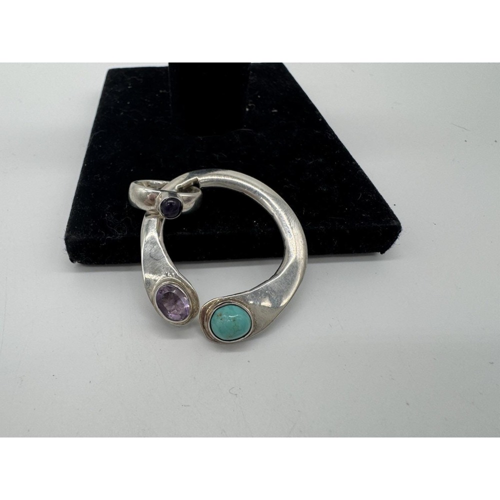 Vintage Taxco Mexico 925 Sterling Silver Turquoise Amethyst Open Circle Pendant